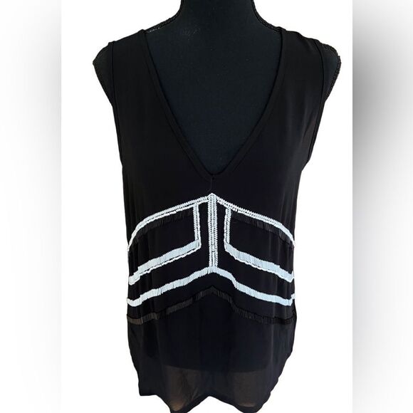 𝅺Blue Rain beaded black semi sheer v neck top size M - Picture 1 of 8